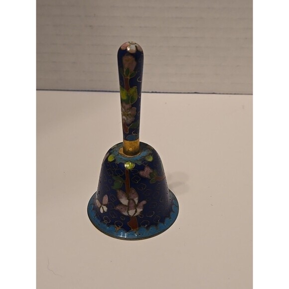Vintage Blue Floral Enamel Brass Cloisonné Bell 3.5” Chinese Metal - Picture 3 of 12